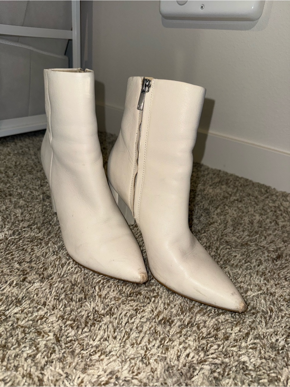 Cream Leather Pointed-Toe Ankle Booties with Side Zip